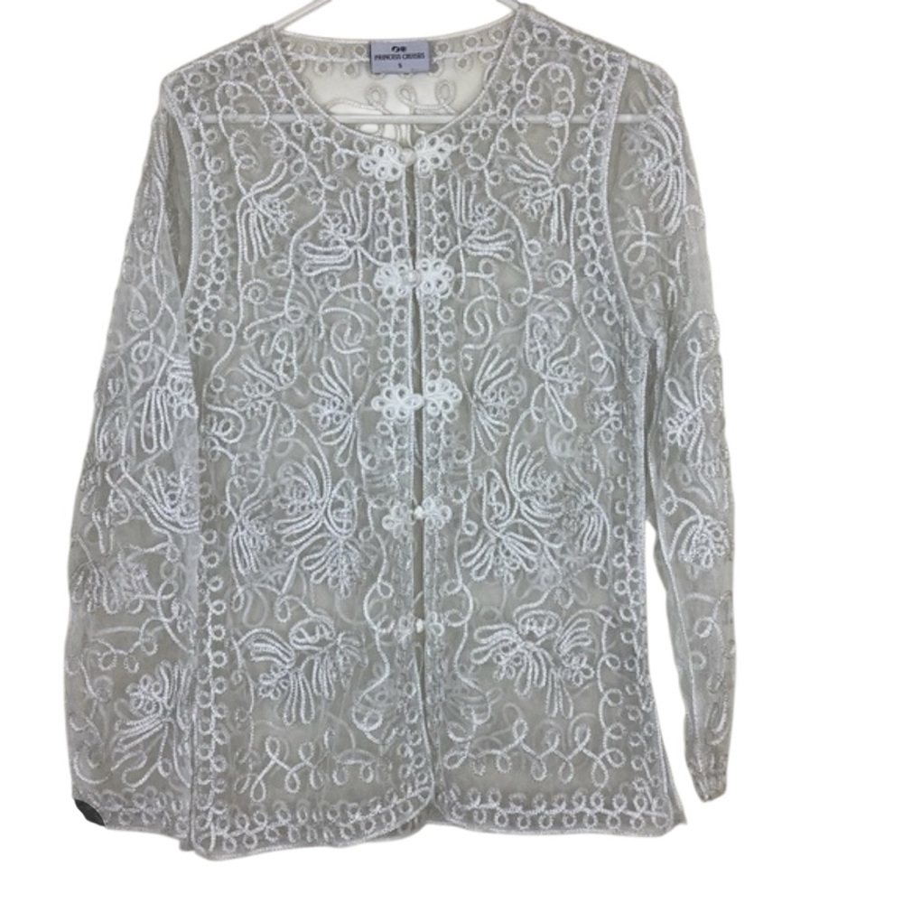 Vintage Princess Cruises White Metallic Sheer Lace Embroidered Blouse XL Formal - Picture 3 of 10